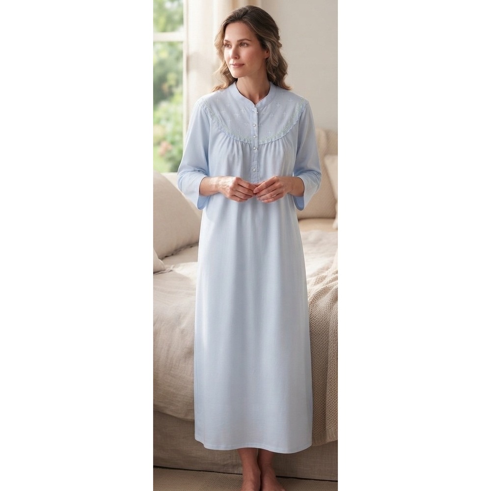 KayAnna Embroidered Long Sleeve Nightgown Size L Light Blue Sleepwear Cottage
